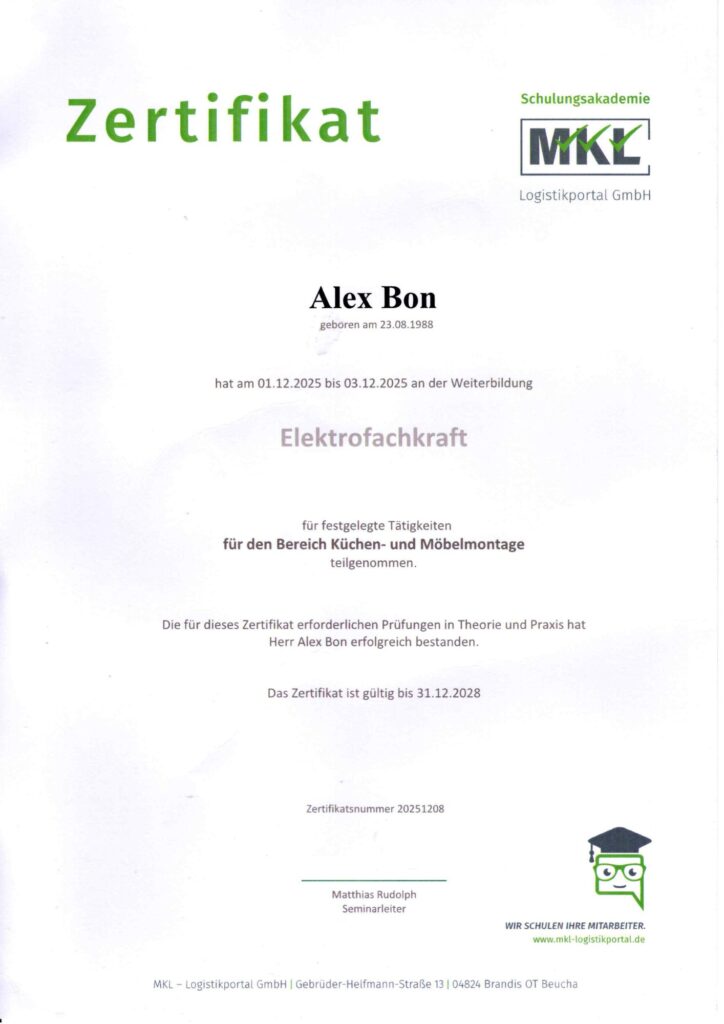 Zertifikat Elektroanschluss Küchenmontage Bochum, Dortmund, Essen