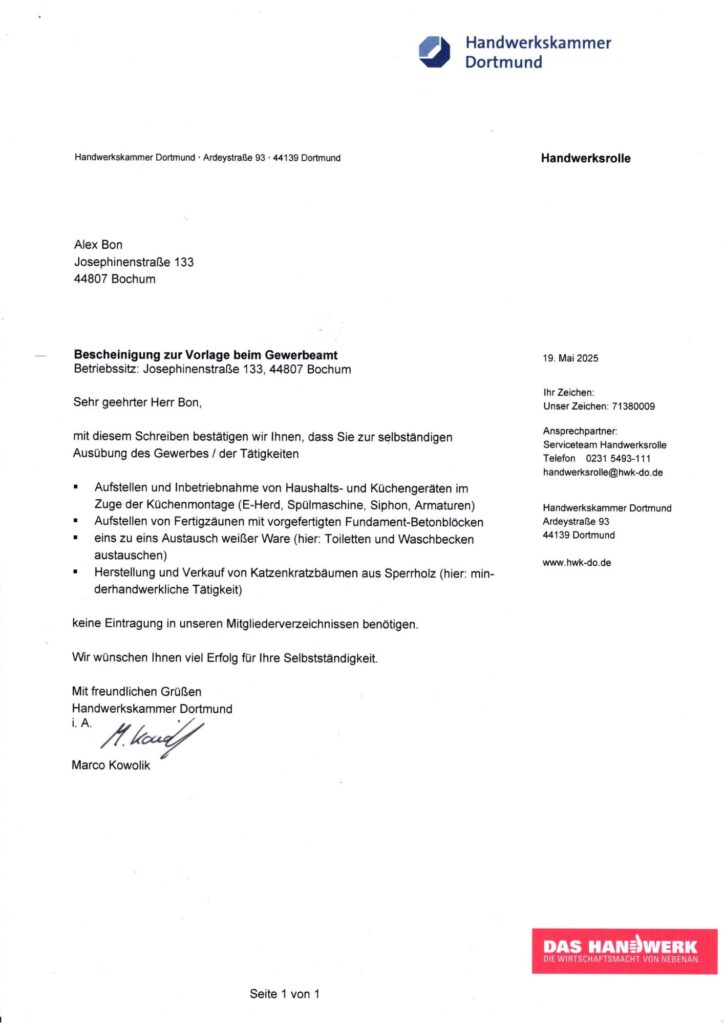 Bescheinigung von Handwerkskammer Küchenmontage Bochum, Dortmund, Essen