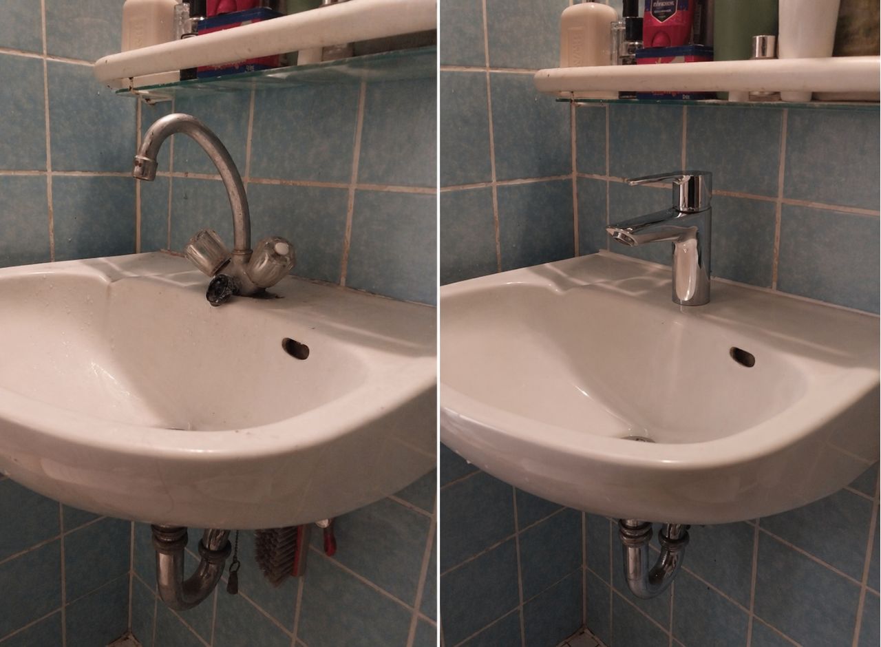 Waschbecken Montage mit Siphon und Wasserhahn – vorher und nachher