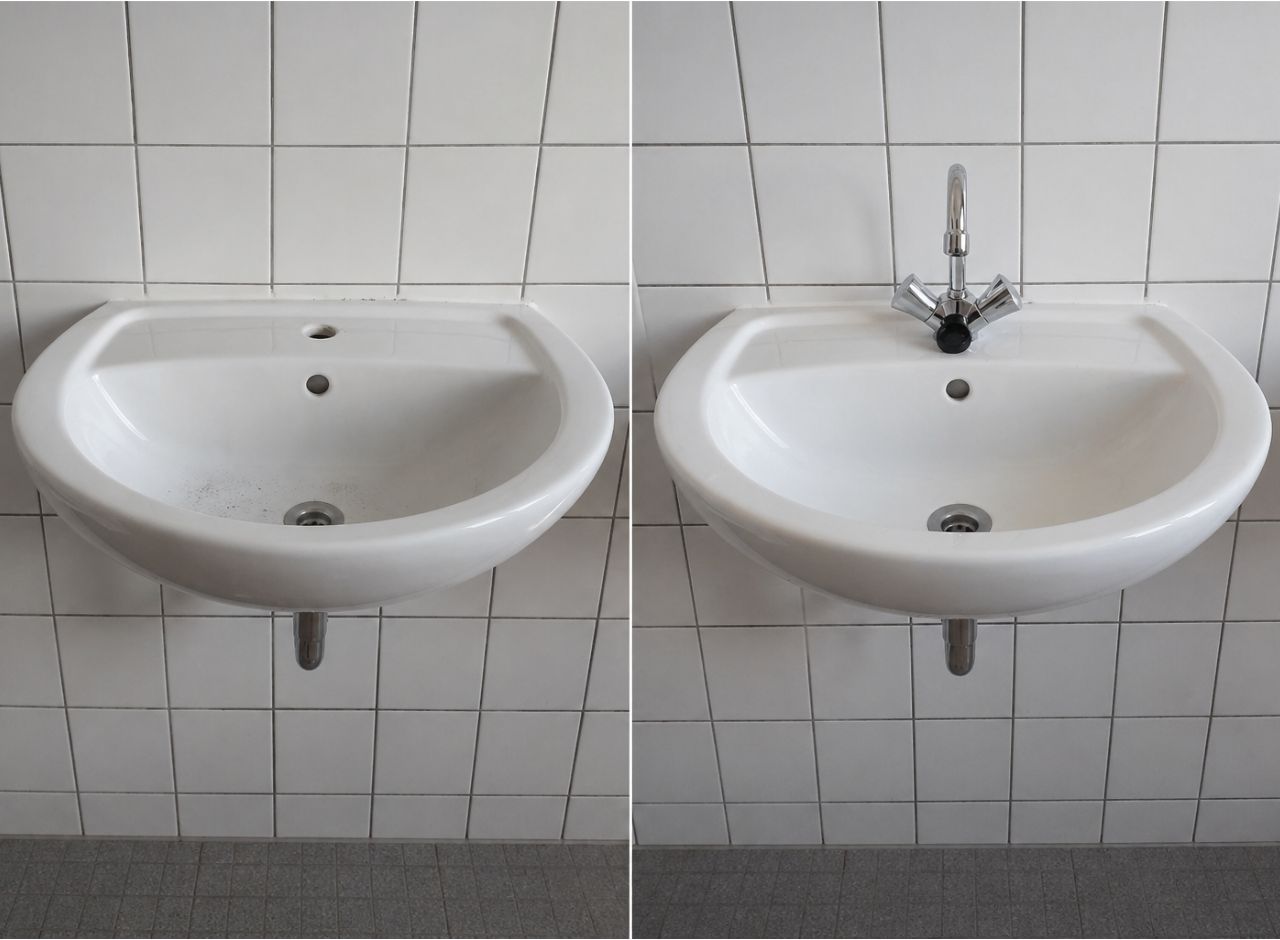 Waschbecken Montage mit Siphon und Wasserhahn – vorher und nachher