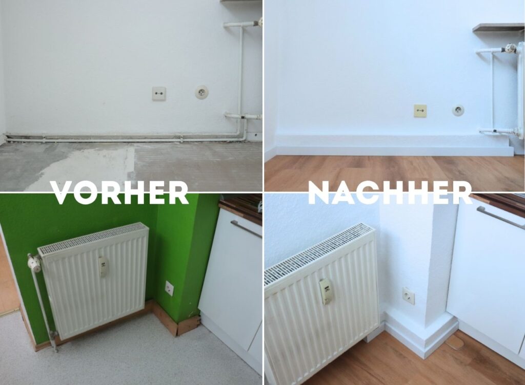 Boden vorher nachher mit Rohrverkleidung und Vinylboden in Bochum