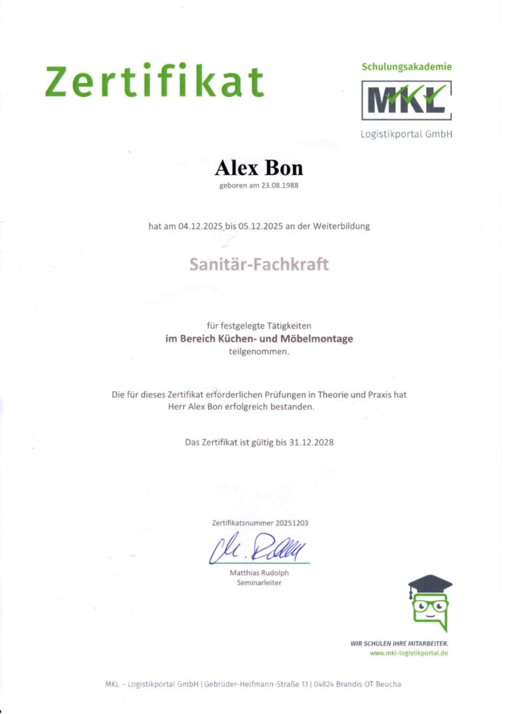 Zertifikat Sanitär Fachkraft Anschluss Montage Bochum