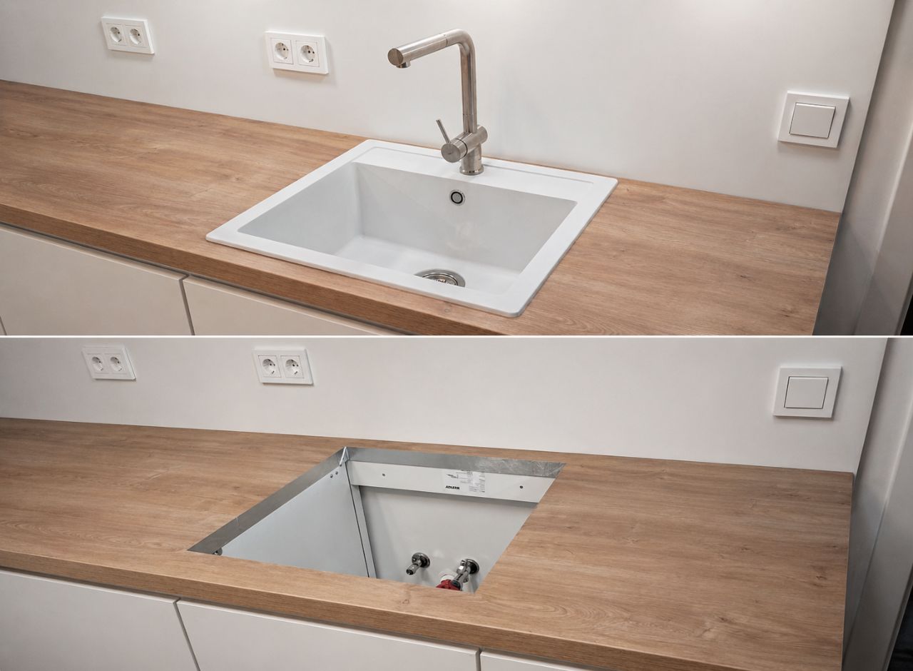 Spüle Montage mit Siphon und Wasserhahn – vorher und nachher