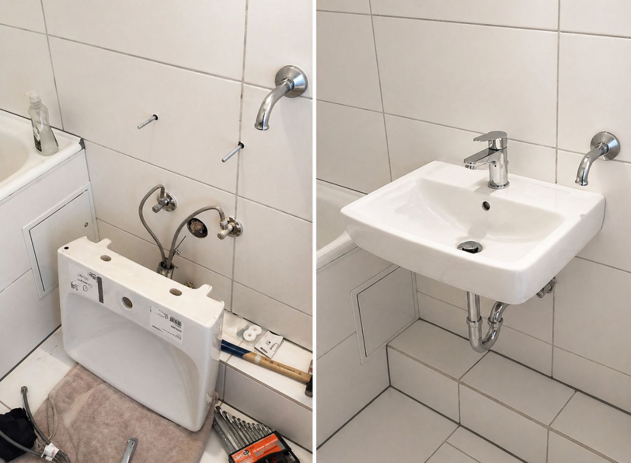 Waschbecken Montage mit Siphon und Wasserhahn – vorher und nachher