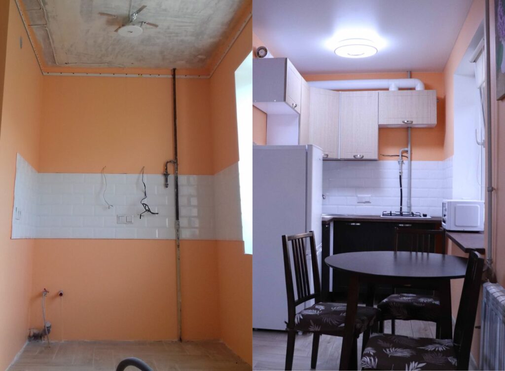 Küchenbereich vor und nach der Renovierung