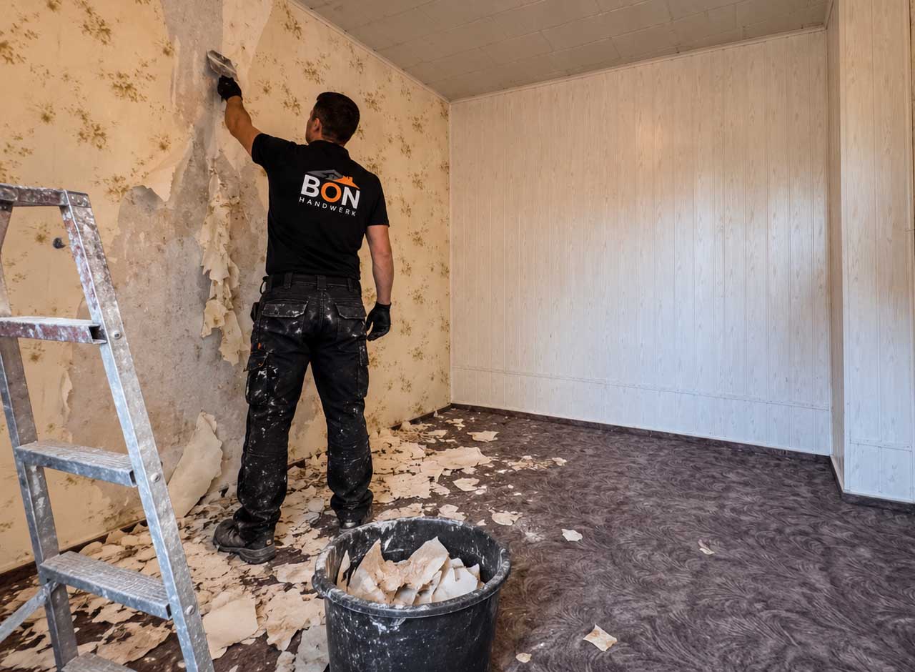 Handwerker von Bon-Handwerk entfernt alte Tapeten in einem Zimmer in Bochum