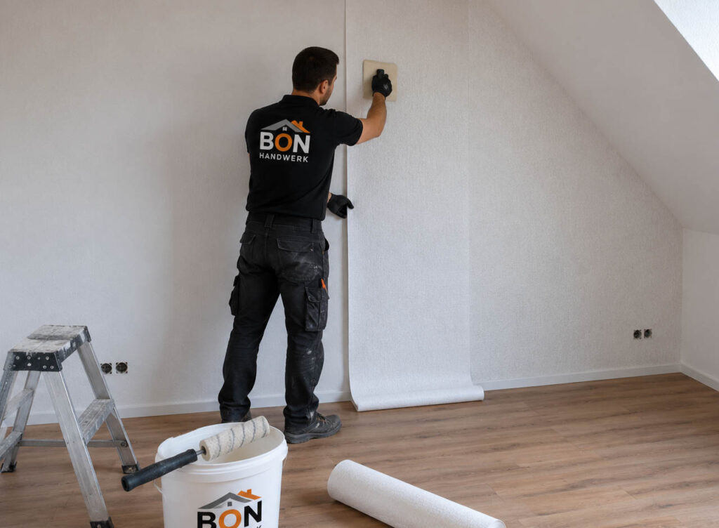 Bon-Handwerk tapeziert Raufaser an einer vorbereiteten Wand in Bochum