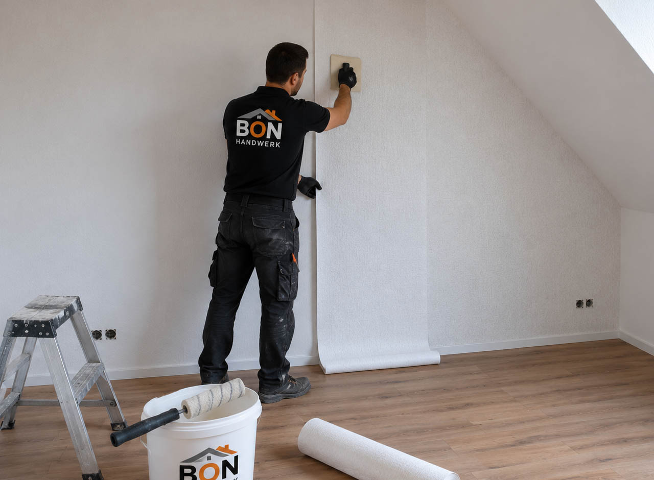 Bon-Handwerk tapeziert Raufaser an einer vorbereiteten Wand in Bochum